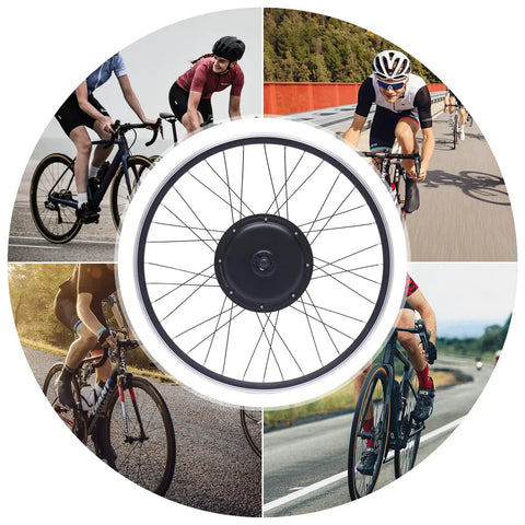 700C Front Wheel Electric Bike Conversion Kit 48V 1000W Hub Motor Complete DIY Ebike Swap image showing riding cyclists with motorized wheel.