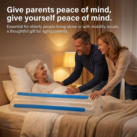 Family with senior using Inflatable Bed Rail for Seniors, Soft Touch Safety Guard With No Metal, 47.2 Inch Fall Prevention