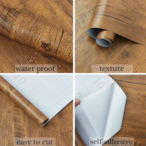 Wood Grain Peel And Stick Wallpaper For Countertops And Cabinets Waterproof Easy To Clean Self Adhesive Removable Vinyl Roll Rustic Brown Yellow 17.7 Inch Wide By 78.7 Inch Long DIY Friendly No Mess Kitchen Remodel, showcasing waterproof texture and self-adhesive backing detail.