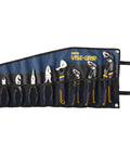 GrooveLock Pliers Set 8 Piece With Press And Slide Quick Adjust Non Slip Anti Pinch ProTouch Grips displayed in a tool roll