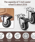 Heavy Duty One Inch Low Profile Caster Wheels With Brakes Quiet As A Mouse Soft Rubber Swivel Casters For Furniture And Rolling Carts, showing 360-degree rotation.