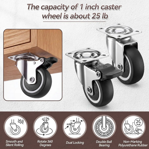 Heavy Duty One Inch Low Profile Caster Wheels With Brakes Quiet As A Mouse Soft Rubber Swivel Casters For Furniture And Rolling Carts, showing 360-degree rotation.