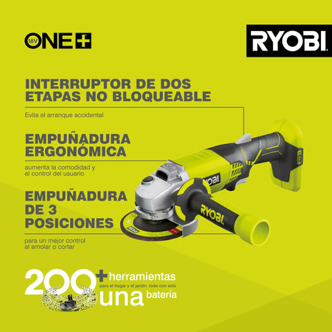 R18AG 0 One Plus Cordless Angle Grinder Angled Head For Easy Cuts And Bevels 18 Volt Tool In Black And Green Built For DIY Pros And Pro Grade Shop Use With Quick Change Guard And Comfortable Grip