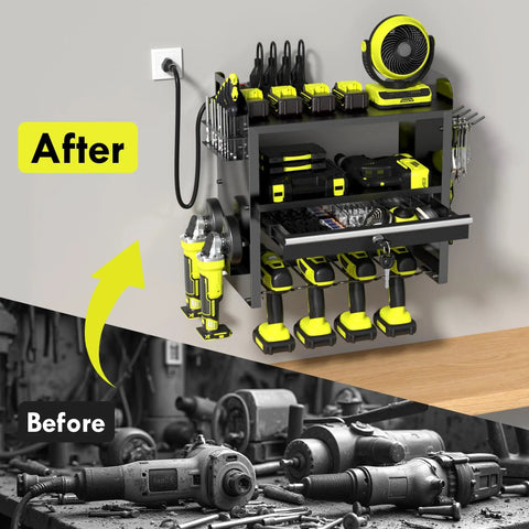 Power Tool Organizer Wall Mount With Drill Rack And Locking Drawers Heavy Duty Metal Tool Shelf for organized storage