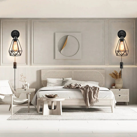 Plug In Wall Sconce Set With Wire Cage, Industrial Rustic Vintage Look, Adjustable Wall Light With On Off Switch, Perfect For Headboard Bedroom Or Porch, 2 Pack above bed