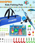 Kids Fishing Pole Starter Kit with tackle box, reel, practice plug, beginner's guide, and travel bag, all-in-one fishing set.
