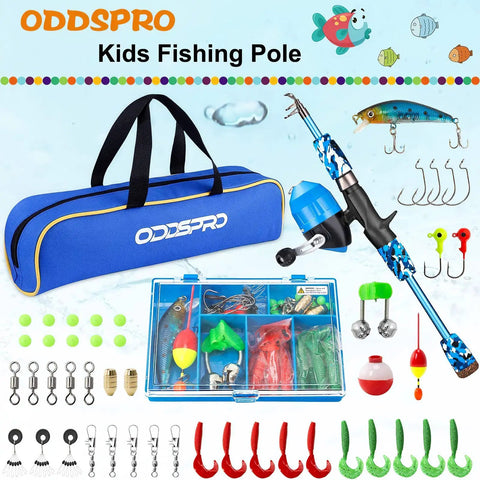Kids Fishing Pole Starter Kit with tackle box, reel, practice plug, beginner's guide, and travel bag, all-in-one fishing set.