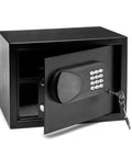 Electronic Lock Hotel Safe 0.5 Cubic Foot Black Steel With Easy Read Display, Backup Key, open showing inside storage
