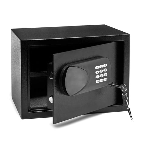 Electronic Lock Hotel Safe 0.5 Cubic Foot Black Steel With Easy Read Display, Backup Key, open showing inside storage