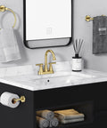 4 Inch Brushed Gold Bathroom Sink Faucet With Pop Up Drain And 2 Supply Hoses Lead Free Stainless Steel 2 Handle Centerset Vanity RV Faucet For Bathroom Sink Durable Finish Easy Install Modern Sleek Look on marble countertop