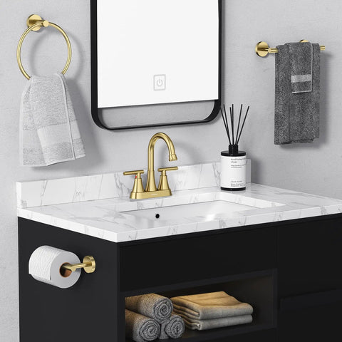 4 Inch Brushed Gold Bathroom Sink Faucet With Pop Up Drain And 2 Supply Hoses Lead Free Stainless Steel 2 Handle Centerset Vanity RV Faucet For Bathroom Sink Durable Finish Easy Install Modern Sleek Look on marble countertop