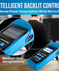 FPM-55 Pro Grade Fiber Optic Power Meter With USB Data Storage on desk showing display with intelligent backlit control