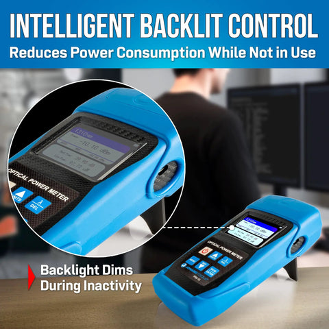 FPM-55 Pro Grade Fiber Optic Power Meter With USB Data Storage on desk showing display with intelligent backlit control