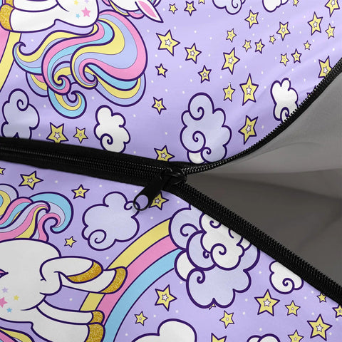 Unicorn Themed Kids Sleeping Bag For Girls And Boys Lightweight with vibrant unicorn pattern and zipper close-up