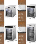 Heavy Duty Rotary Food Dehydrator And Biltong Maker With Led Digital Console, 24 Hour Timer, Twenty Stainless Steel Trays displayed in various sizes.