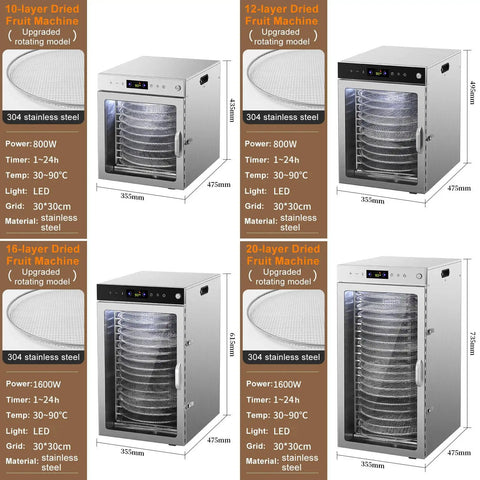 Heavy Duty Rotary Food Dehydrator And Biltong Maker With Led Digital Console, 24 Hour Timer, Twenty Stainless Steel Trays displayed in various sizes.