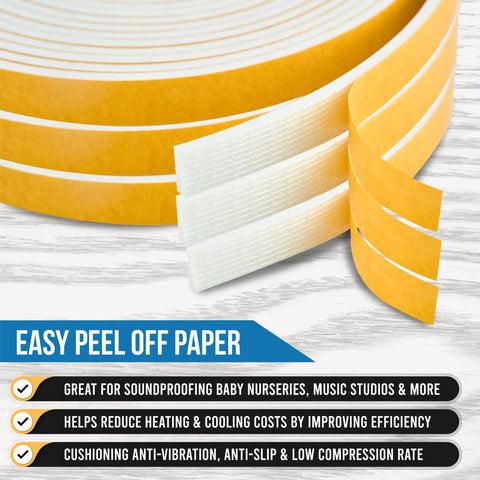 High Density Foam Weather Stripping And Self Adhesive Door Seal Roll Tough As Nails showing easy peel off paper for insulation use.