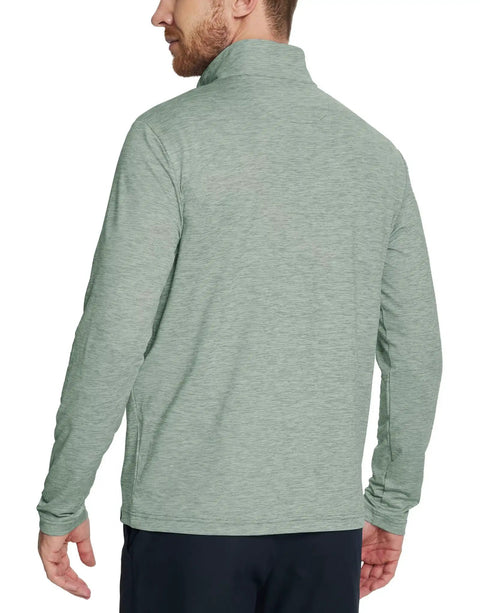 Back view of Mens Quarter Zip Performance Pullover For Golf And Everyday Wear, Breathable Moisture Wicking Stretch Fabric, in heather green.