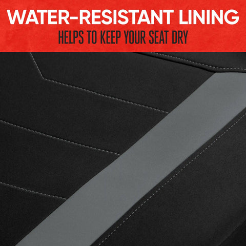 Close-up of gray Front Seat Covers For Cars Trucks And SUVs with Waterproof Neoprene Lining SpillGuard detail visible.