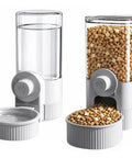 Automatic Gravity Food Feeder And Water Dispenser Combo Featuring 40 Oz Grain Bin And 17 Oz Leakproof Sipper Bottle For Rabbits Guinea Pigs Chinchillas Ferrets Cage Mount Feeding Station Grey No Sweat Pet Nosh with clear containers.