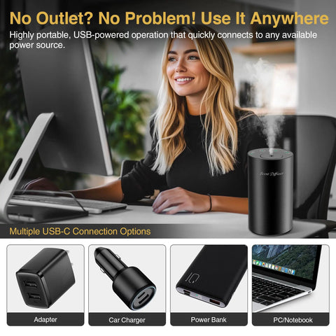 No Water Needed Nebulizing Diffuser Starter Kit With Battery Powered Mini Scent Machine Including 3x20ml Essential Oils For Home Car Office Use Portable Black next to woman using laptop at desk, multiple USB-C connection options shown.