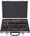 Solid 35 Piece 1/4 Inch Shank Carbide Router Bit Kit With Heavy Duty Case showing organized router bits and case details.