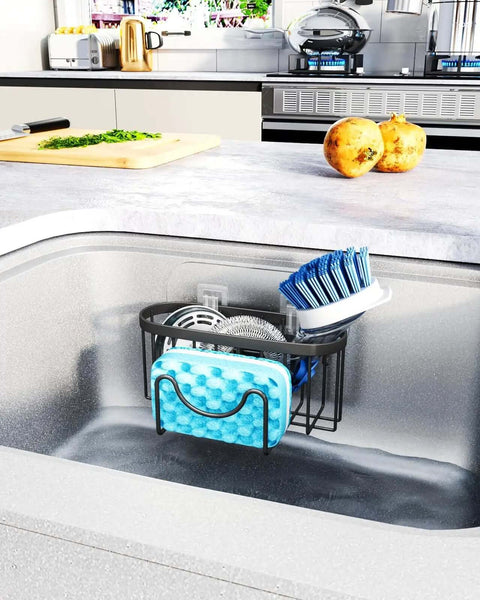M Shaped Stainless Steel Kitchen Sink Caddy With Dual Mount Options and Rustproof Build holds sponges and brushes in sink