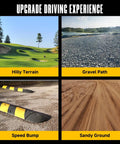 Various terrains including hilly terrain, gravel path, speed bump, and sandy ground to demonstrate Beefed Up Heavy Duty Rear Shock With Spring For Golf Cart 14 Inch Extended Length Fits G29 Drive G22 G20 G19 G16 G14 G9 G6 Gas And Electric Models Replacement OEM JN4 F2210 00 JN3 F2210 00 JW2 F2210 10 JW1 F2210 10 suitability
