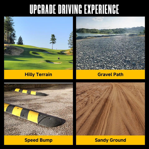 Various terrains including hilly terrain, gravel path, speed bump, and sandy ground to demonstrate Beefed Up Heavy Duty Rear Shock With Spring For Golf Cart 14 Inch Extended Length Fits G29 Drive G22 G20 G19 G16 G14 G9 G6 Gas And Electric Models Replacement OEM JN4 F2210 00 JN3 F2210 00 JW2 F2210 10 JW1 F2210 10 suitability