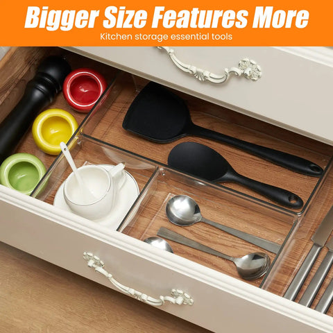 Kitchen drawer with 6 Pack Large Clear Drawer Organizer Set Made Of Acrylic, 3 Size Options, non slip storage trays.