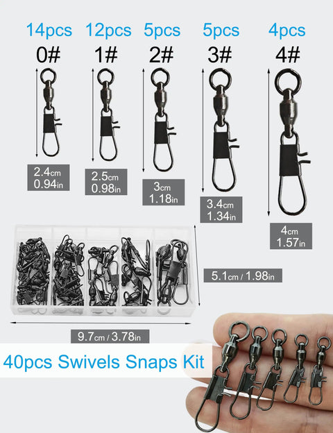 40 Piece Ball Bearing Fishing Swivels With Interlock Snaps Pro Grade Must Have Saltwater Gear Stainless Steel Black Nickel Finish High Strength To Prevent Line Twist And Deliver Smooth 360 Degree Rotation, assorted sizes 0#-4#