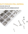Pro Grade Pan Head Phillips Machine Screws And Hex Nuts Assortment Kit 360 Piece 304 Stainless Steel Rack with various screw sizes