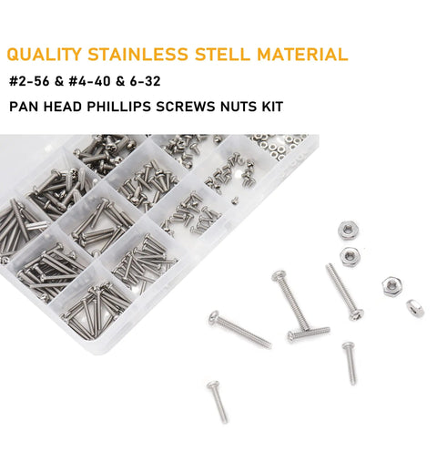 Pro Grade Pan Head Phillips Machine Screws And Hex Nuts Assortment Kit 360 Piece 304 Stainless Steel Rack with various screw sizes