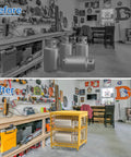 Garage with before and after of propane tanks stored in upgraded propane tank storage box for four cylinders, beefed up horizontal cabinet with lock and keys, powder coated yellow, 150 lb load capacity.