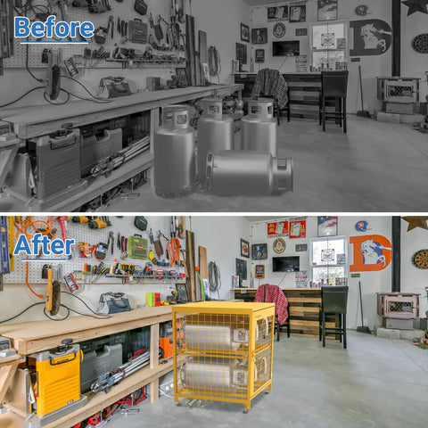 Garage with before and after of propane tanks stored in upgraded propane tank storage box for four cylinders, beefed up horizontal cabinet with lock and keys, powder coated yellow, 150 lb load capacity.