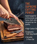 Person slicing beef with Do It All Hand Forged Chef Knife And Cleaver Set With Carbon Steel Blades And Ergonomic Wooden Handles.