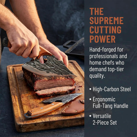 Person slicing beef with Do It All Hand Forged Chef Knife And Cleaver Set With Carbon Steel Blades And Ergonomic Wooden Handles.