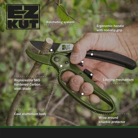 Heavy Duty Ratcheting Pruning Shears For Effortless Garden Cuts Up To 1.5 Inches with SK5 Steel Blades, easy grip in hand