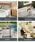 Go To Overbed Table On Wheels With Pneumatic Lift used in bedroom, bathroom, garden, living room settings