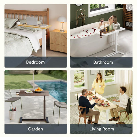 Go To Overbed Table On Wheels With Pneumatic Lift used in bedroom, bathroom, garden, living room settings