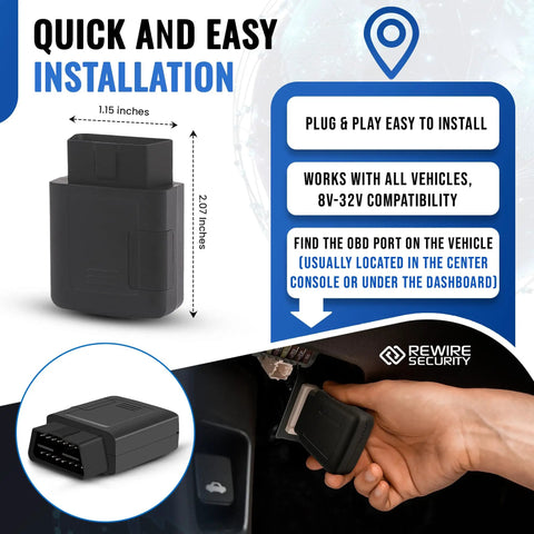 Dead Simple 4G OBD GPS Tracker featuring real time location monitoring and built in backup battery for cars trucks vans RV and motorcycle no hassle plug in setup.