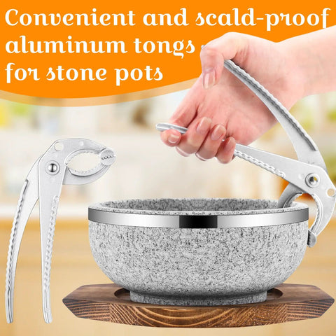 Two Set Dolsot Bibimbap Stone Bowls With Wood Bases And Aluminum Tongs Sizzling Hot Pot Stoneware For Korean Restaurants