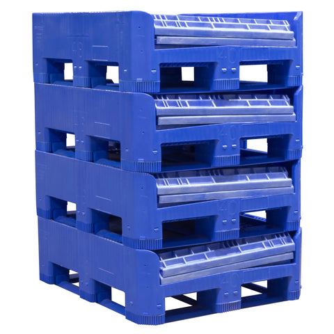 Heavy Duty Collapsible Bulk Box 48x40x33 Inch Plastic Storage Tote stacked, showing durable blue structure and forklift access.