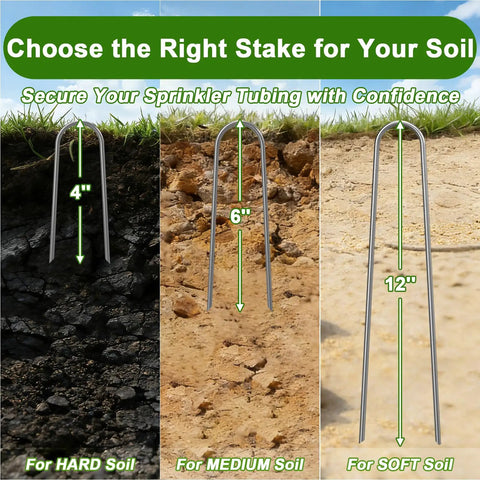 12 Inch Garden Stakes Set Of 50 Heavy Duty Galvanized Ground Spikes For Fencing, Tents, Dog Runs, Chicken Wire, Drip Irrigation, Weed Barrier And Lawn Projects, 11 Gauge Lawn Pins shown in soil of varying hardness for comparison.