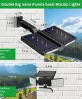 Outdoor Solar Flood Light With 218 LEDs Dual Solar Panels Motion Sensor Five Lighting Modes Waterproof High Brightness Security Lighting For Backyard Shed Driveway Black, detailed view showing dimensions and solar panels against a brick wall.