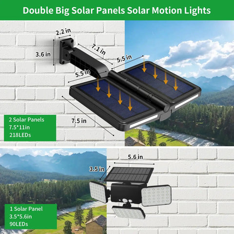 Outdoor Solar Flood Light With 218 LEDs Dual Solar Panels Motion Sensor Five Lighting Modes Waterproof High Brightness Security Lighting For Backyard Shed Driveway Black, detailed view showing dimensions and solar panels against a brick wall.