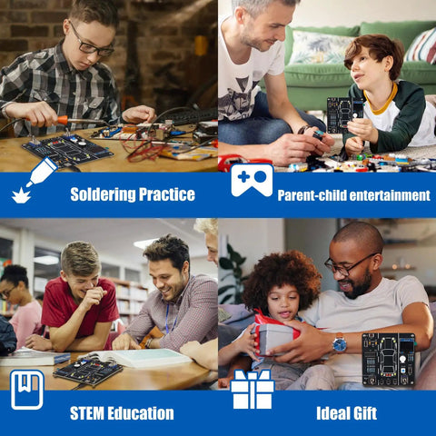 Collage of people using DIY Car Driving Simulation And Soldering Practice Kit For High School And College Students, Hands On Electronics Project