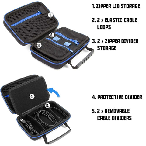 Open Heavy Duty Hard Shell Electronics Organizer Travel Case With Adjustable Cable Dividers And Zipper Pouches, showing interior compartments.