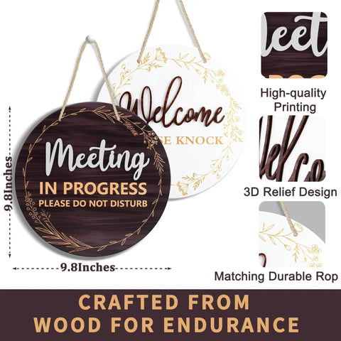 Double Sided Meeting In Progress Door Sign For Office Doors 9.8 Inch Round Wood Conference Room Decor Do Not Disturb Please Knock