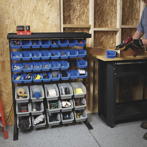 Heavy Duty Garage Organization Workhorse Storage Rack With Powder Coated Steel Rails And Hella Sturdy 47 Super Polypropylene Bins Ideal For Shop Hardware Tools